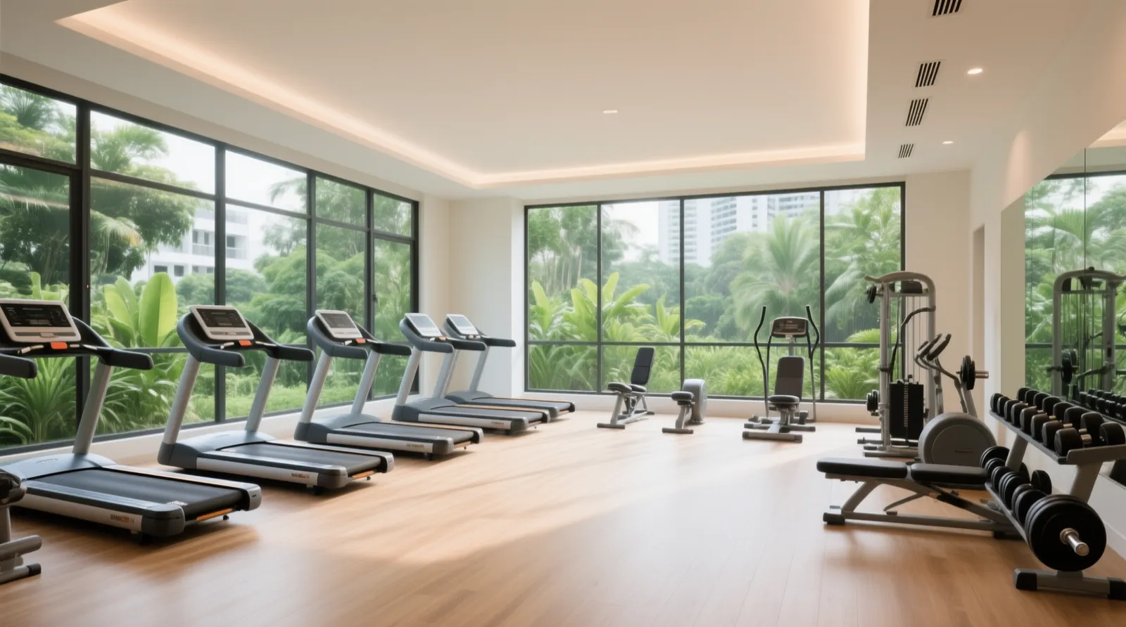AI-generated artist’s impression of a condo gym with garden views