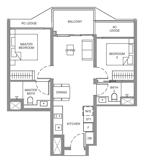 Illustrative 2-Bedroom layout, approx. 624 sqft (for illustration only)
