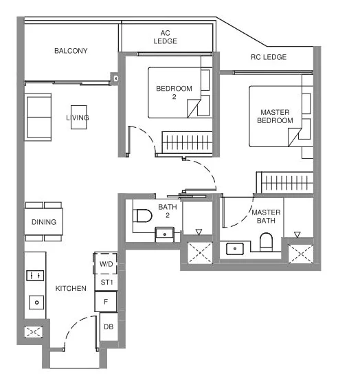 Illustrative 2-Bedroom layout, approx. 667 sqft (for illustration only)