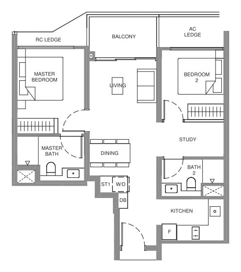 Illustrative 2-Bedroom + Study layout, approx. 700 sqft (for illustration only)