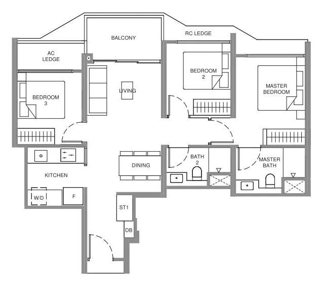 Illustrative 3-Bedroom layout, approx. 807 sqft (for illustration only)