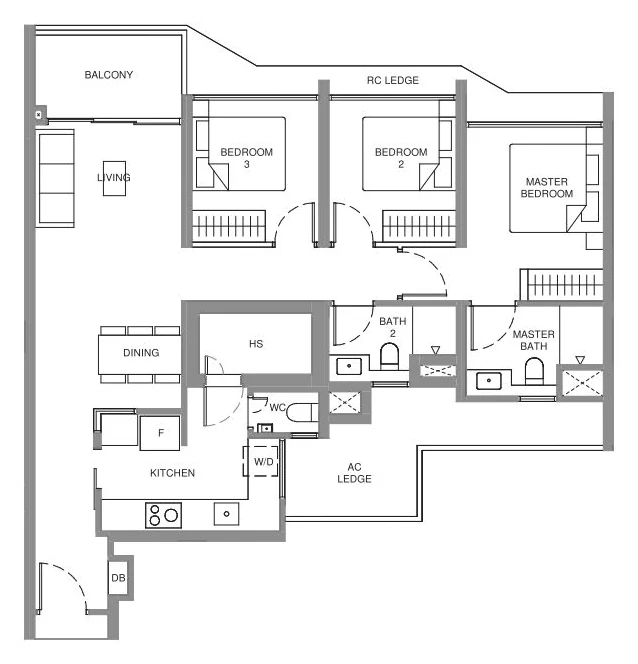 Illustrative 3-Bedroom layout, approx. 990 sqft (for illustration only)