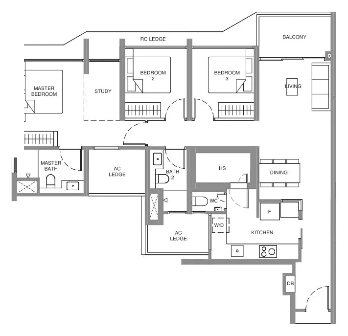 Illustrative 3-Bedroom + Study layout, approx. 1,055 sqft (for illustration only)