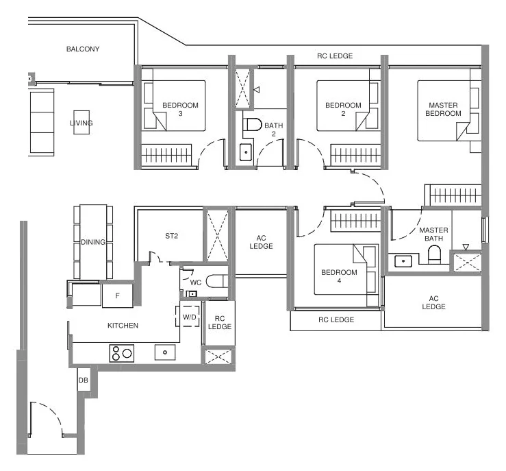 Illustrative 4-Bedroom layout, approx. 1,141 sqft (for illustration only)