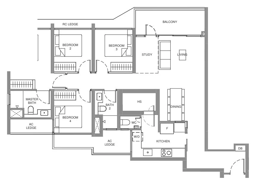 Illustrative 4-Bedroom + Study layout, approx. 1,238 sqft (for illustration only)