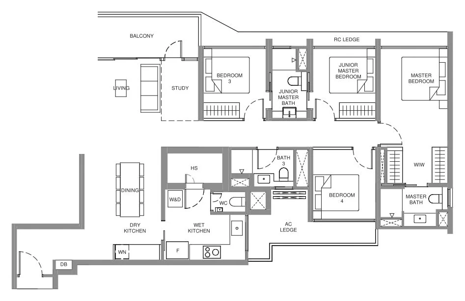Illustrative 4-Bedroom + Study layout, approx. 1,389 sqft (for illustration only)