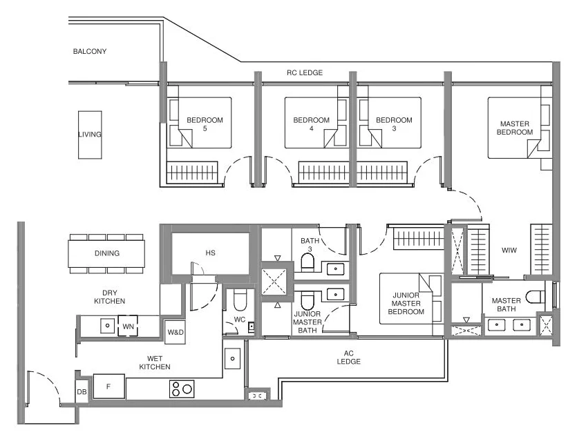 Illustrative 5-Bedroom layout, approx. 1,475 sqft (for illustration only)